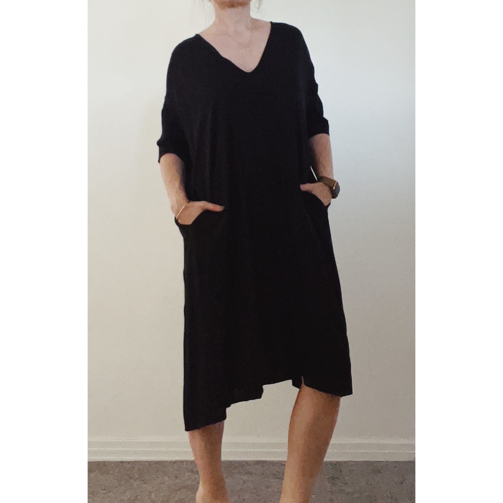 Black, draped dress with pockets. Ali Golden, size small